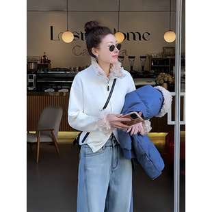 可可欢姐冬季新款复古卷毛翻领双拉链加绒加厚显瘦开衫卫衣内搭女