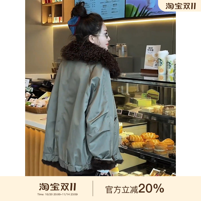 可可欢姐秋冬韩系翻毛领羊毛兔毛内胆时尚独特派克服棉衣厚外套女