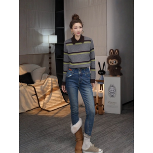 MISSMO可可欢姐重工洗水弹力内里植绒高腰提臀显瘦牛仔小脚裤