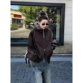 可可欢姐春季 新洗水加厚高克重毛毛连帽款 双拉链外衣上衣女士外套