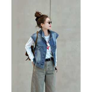 MISSKO可可欢姐早春新款 百搭复古洗水立领显瘦慵懒风牛仔马甲 四季