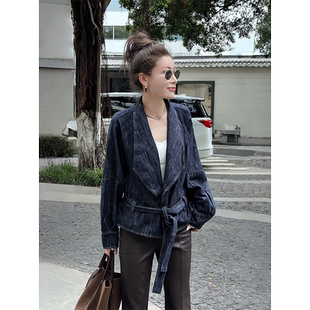 MISSKO可可欢姐早春新款 牛仔短风衣外套 复古洗水日系戗脖领腰带款