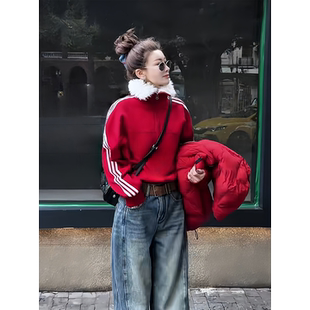 可可欢姐冬季新款复古撞色杠条翻领慵懒风毛毛领套头女士加绒卫衣