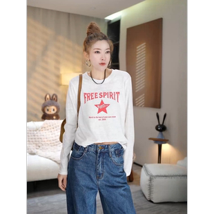 MISSKO可可欢姐早春新款 百搭T恤女 复古五角星印花上衣慵懒风长袖
