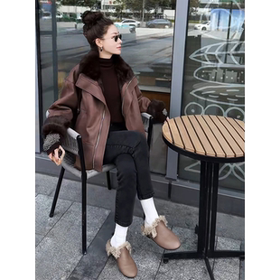 可可欢姐轻奢秋冬皮毛一体复古擦色蛋白皮气质短外套夹克女士大衣