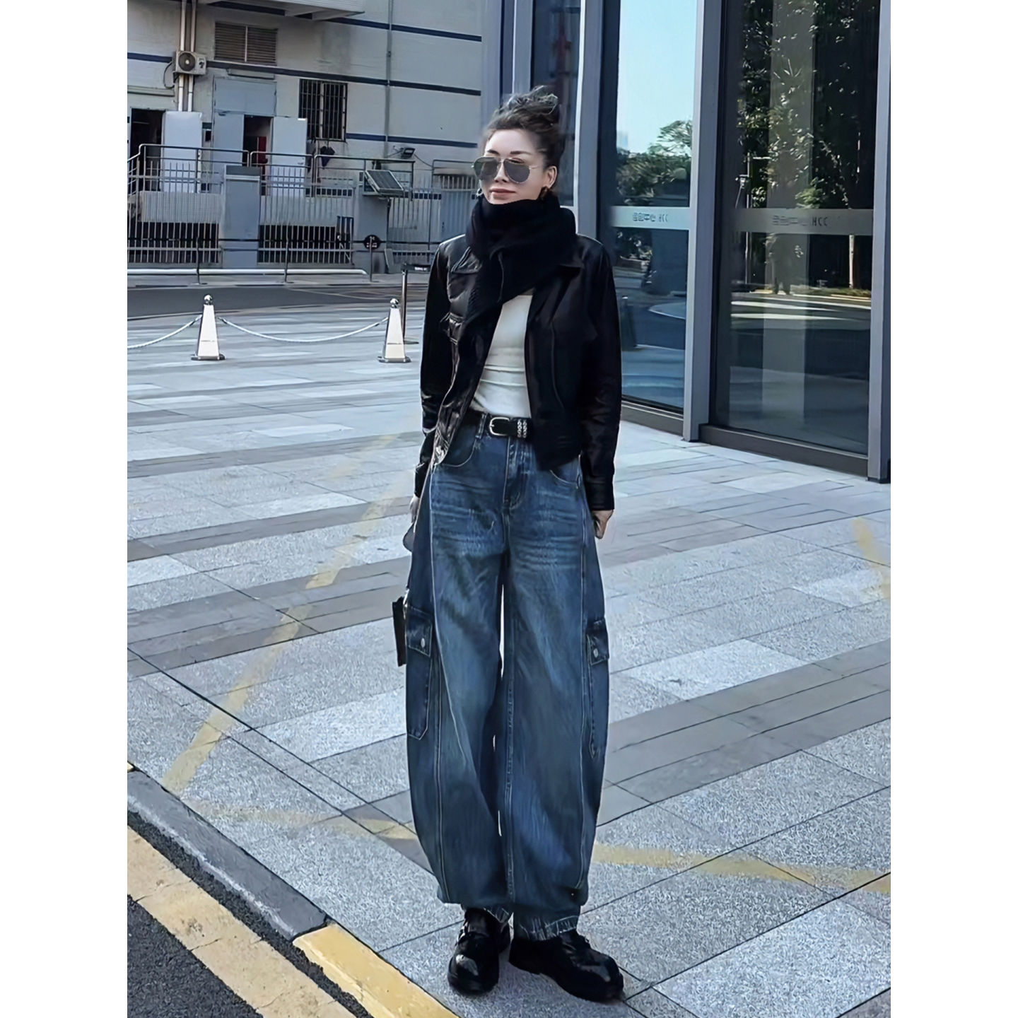 MISSKO可可欢姐早春新款复古口袋裤脚可收显瘦工装弯刀牛仔裤女