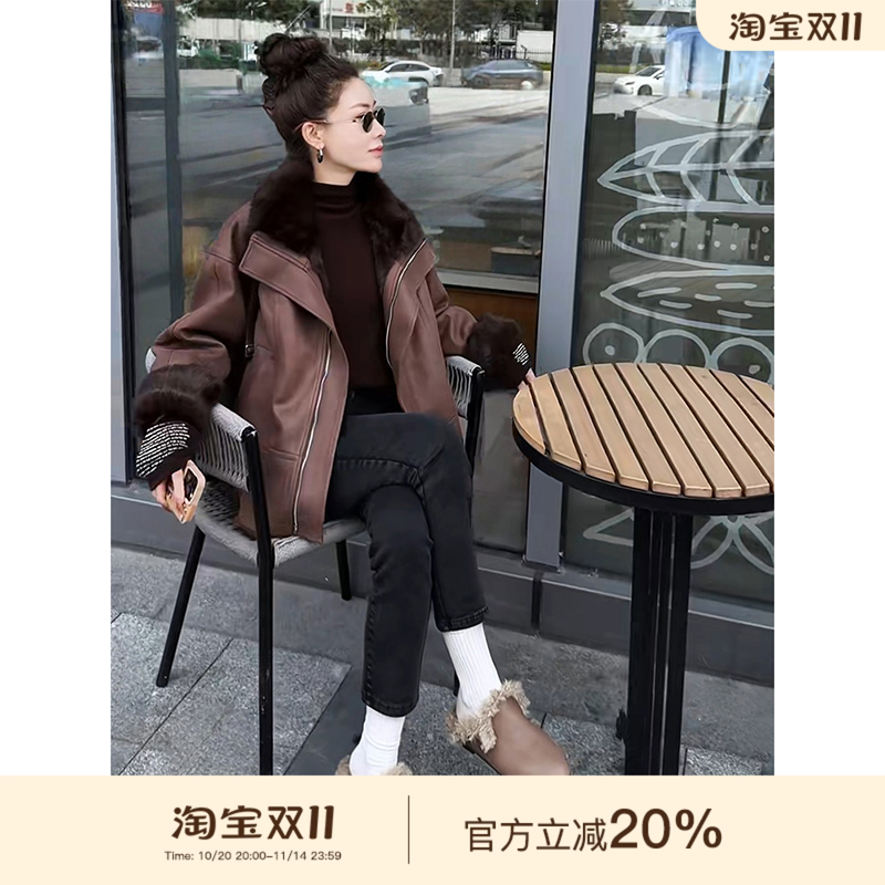 可可欢姐轻奢秋冬皮毛一体复古擦色蛋白皮气质短外套夹克女士大衣