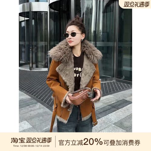 MISSKO可可欢姐秋冬复古蛋白皮内里獭兔羊毛毛领机车皮衣上衣外套