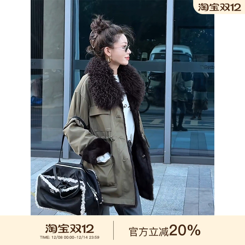 可可欢姐 秋冬新款复古羊卷毛领内胆獭兔工装中长派克棉服厚外套