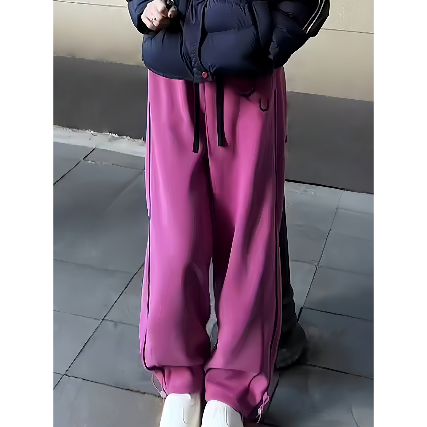 可可欢姐秋冬洗水提臀皮马棉加绒杠条笑脸直筒女长款休闲运动卫裤