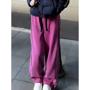 可可欢姐秋冬洗水提臀皮马棉加绒杠条笑脸直筒女长款休闲运动卫裤