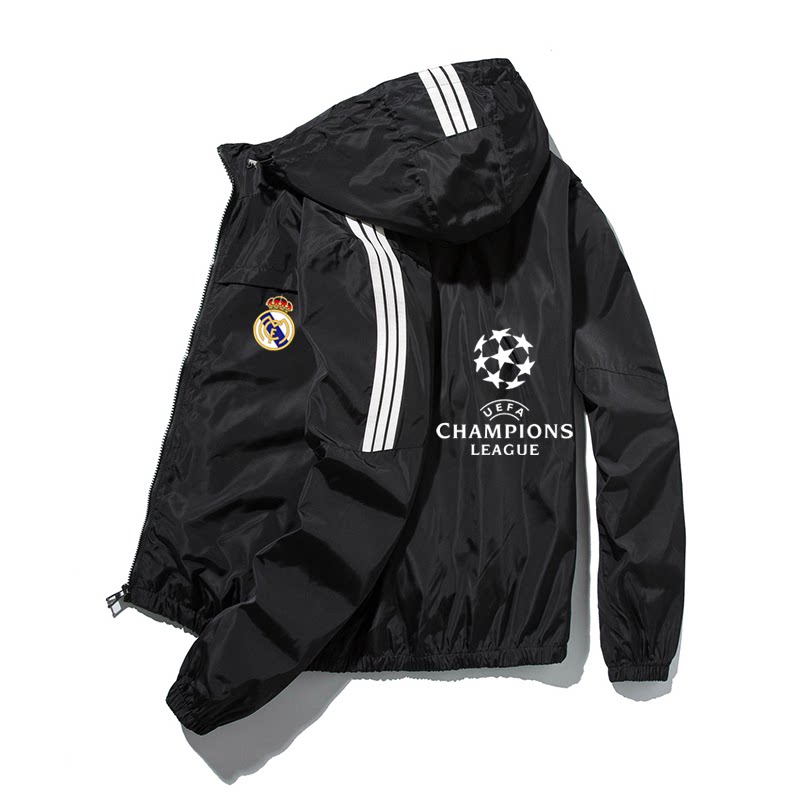 欧冠皇马足球运动夹克风衣外套男女春秋季薄款训练开衫连帽上衣服