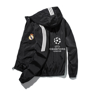 欧冠皇马足球运动夹克风衣外套男女秋冬季加棉厚训练开衫连帽上衣