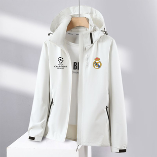 欧冠皇马足球运动风衣外套男女秋冬季薄款加绒训练三合一冲锋衣服