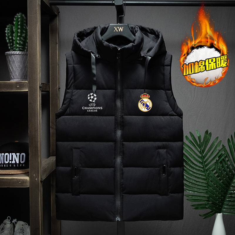 欧冠皇马足球运动马甲男秋冬加棉厚坎肩外套训练无袖背心马夹上衣