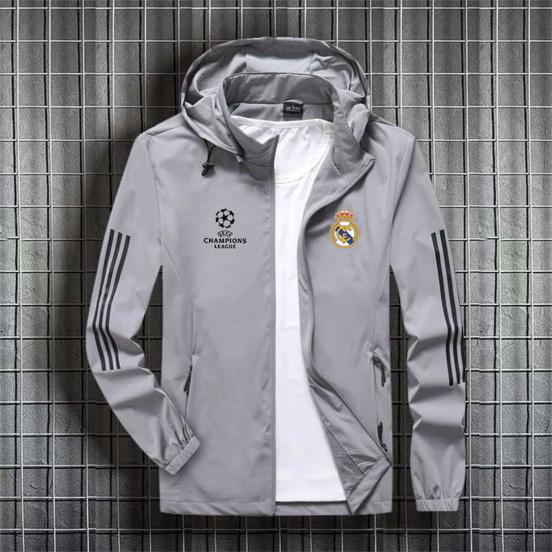 欧冠皇马运动夹克外套男女春秋季薄款姆巴佩足球训练开衫连帽上衣
