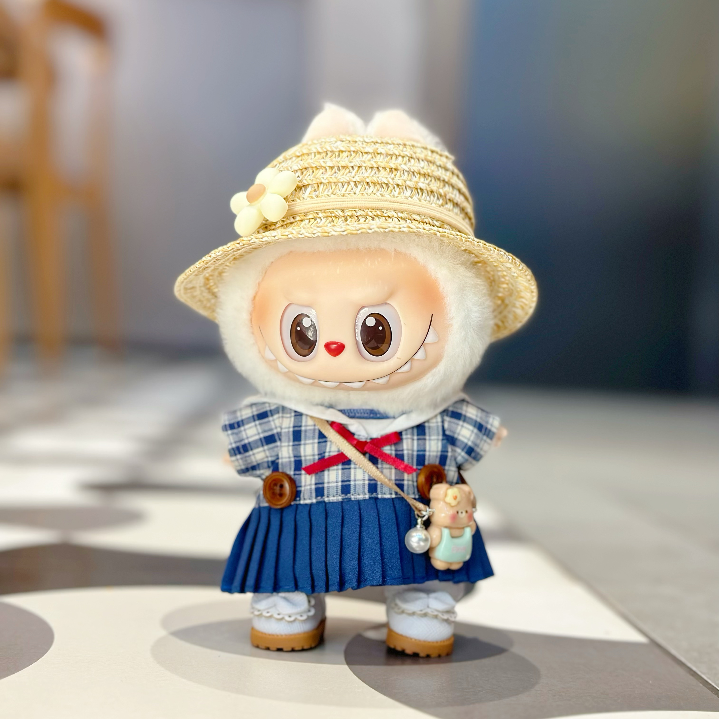 17cm拉布布娃衣坐坐派对一二三代labubu搪胶公仔衣服替换裙子草帽