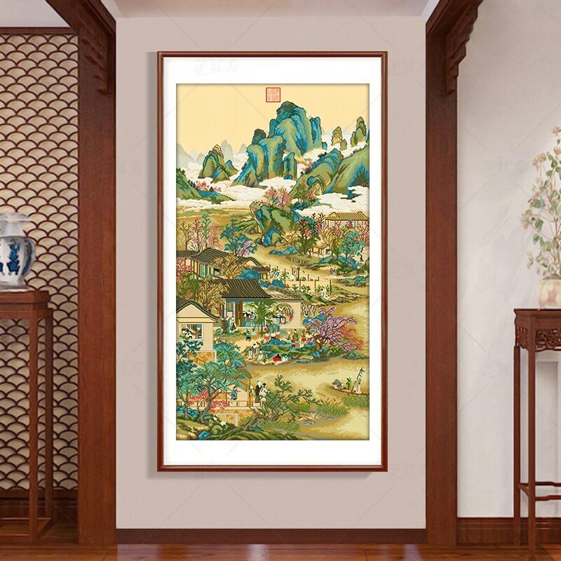 雍正十二月九月十字绣新款绣线客厅传世名画山水风景玄关手工竖版