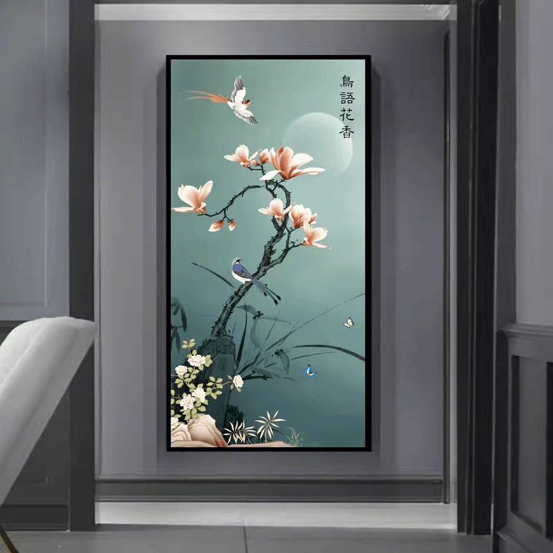 鸟语花香玄关客厅十字绣玉兰花鸟
