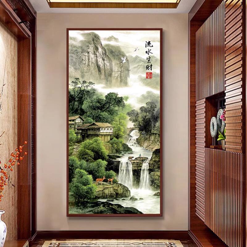 流水生财十字绣2026新款线绣客厅入户玄关风景山水画印花手工刺绣