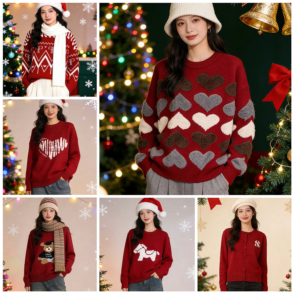 冬季酒红紫红安哥拉红深红色毛衣女本命年新年宽松休闲卫衣毛衫