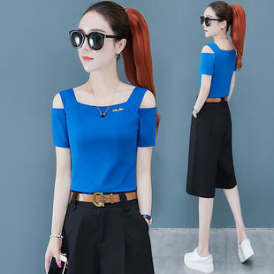 短袖2024年新款夏季漂亮正肩t恤女装时尚小衫显瘦露肩短装上衣潮