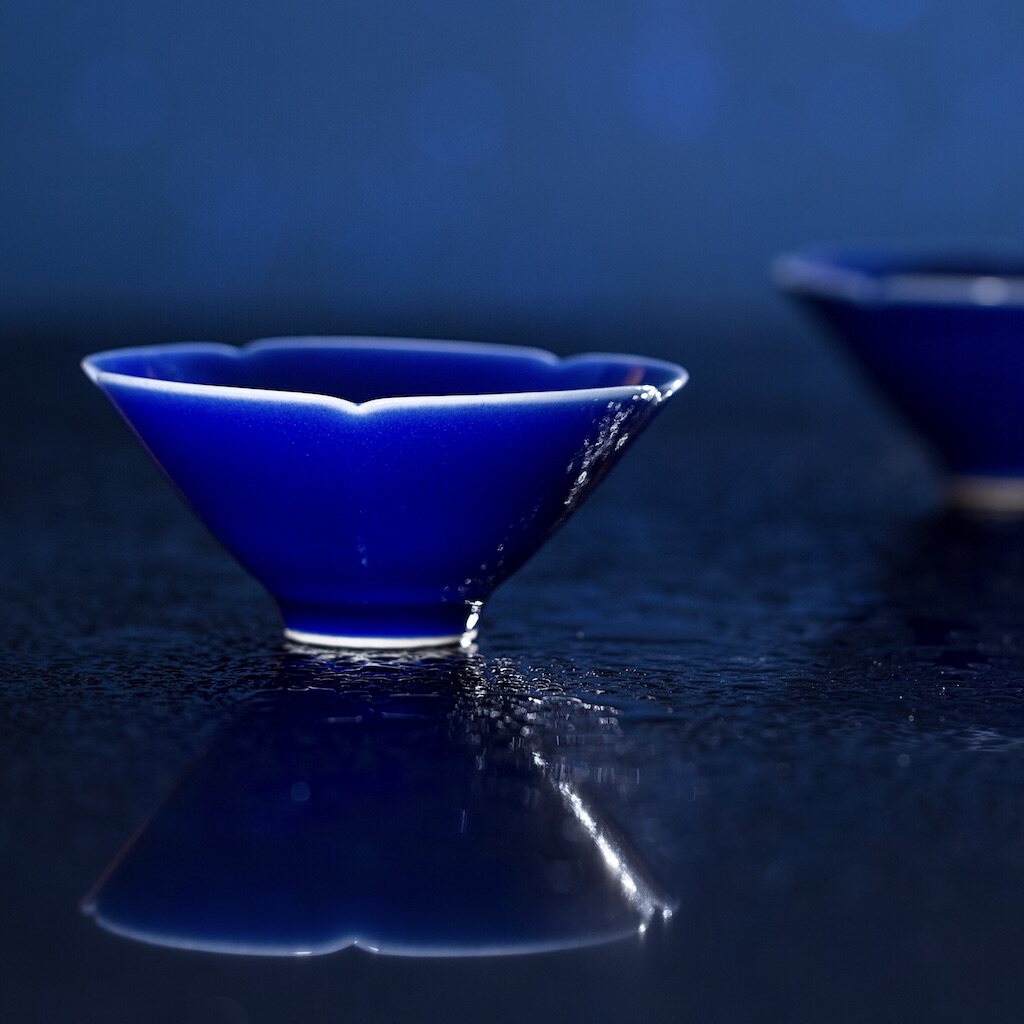 台湾晓芳窑  高温单色釉 祭蓝斗笠杯 茶盏 葵口盏杯 单杯50ml