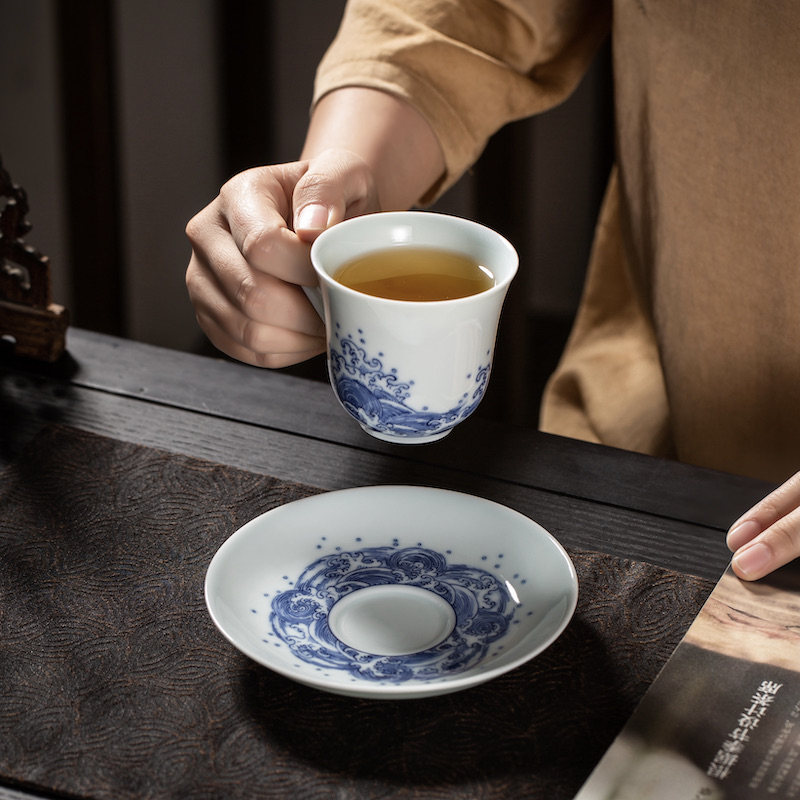 晓芳窑咖啡杯 青花海浪纹 一杯一托大号撇口咖啡杯组150ml