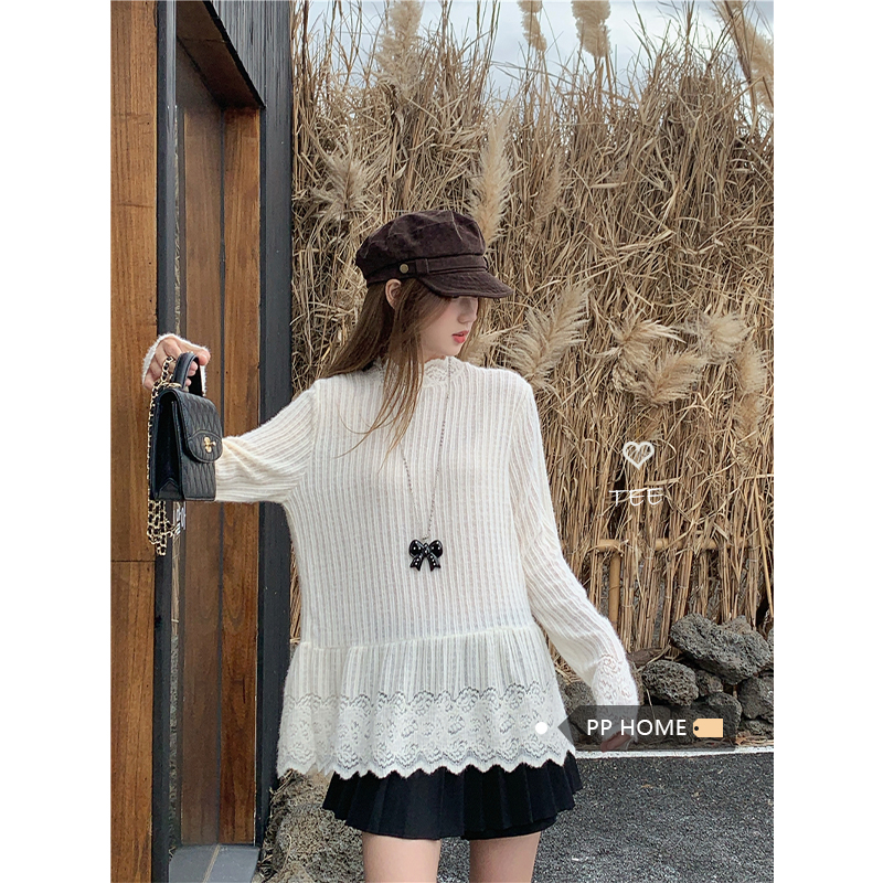 日本offcat杏色简约宽松长袖T恤上衣女秋冬刺绣蕾丝边拼接针织衫