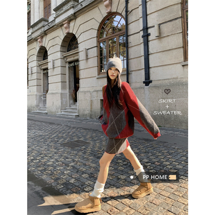 日本offcat撞色菱形格圣诞红色毛衣套装女秋冬慵懒风针织短裙两件