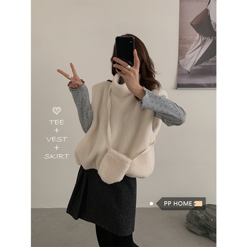 日本offcat甜美高领羊羔毛背心马甲女秋冬韩系碎花打底衫修身内搭