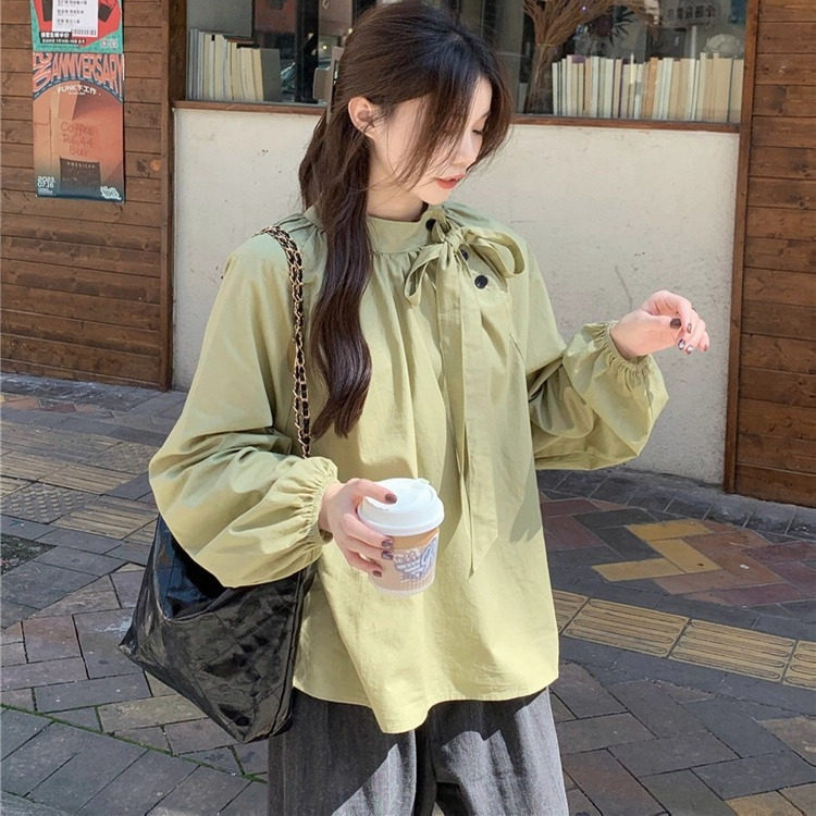 日本OFFCAT法式立领气质斜扣衬衫女秋季小众长袖设计感蝴蝶结衬衣