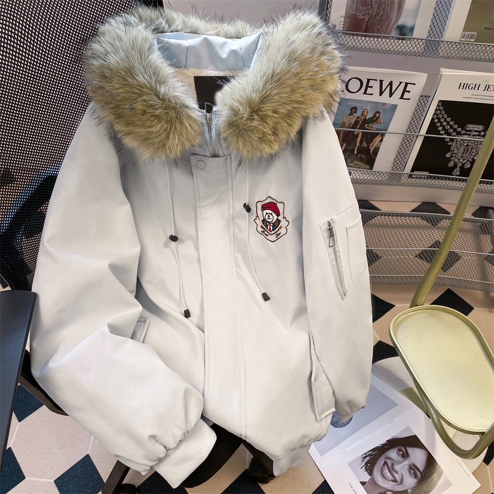 日本offcat韩系超好看刺绣小熊连帽棉衣女秋冬毛领加厚保暖工装休