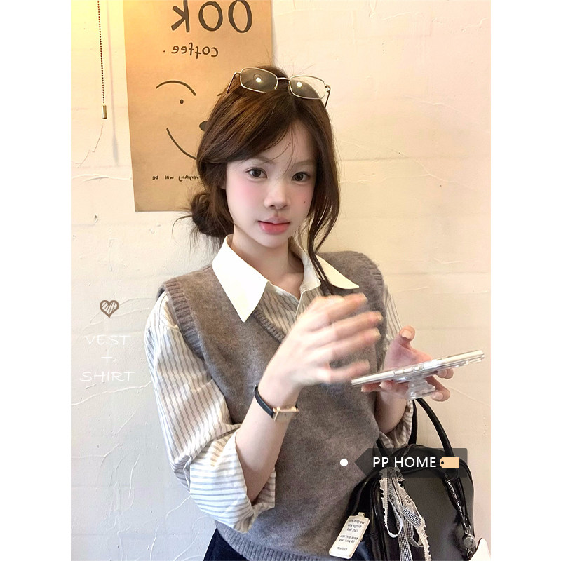 日本offcat白色条纹衬衫外套女秋冬V领叠穿针织马甲背心针织衫两