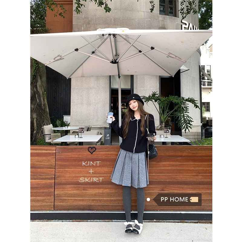 日本offcat黑色减龄娃娃领毛衣外套女秋冬短款针织衫灰色半身裙两