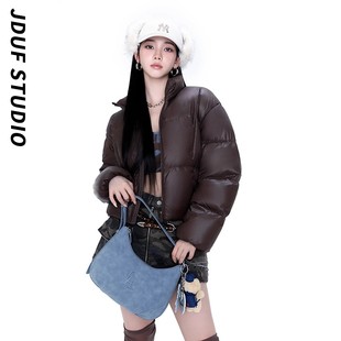 日本offcat柳智敏同款深棕色立领羽绒服女冬新款休闲百搭短面包服