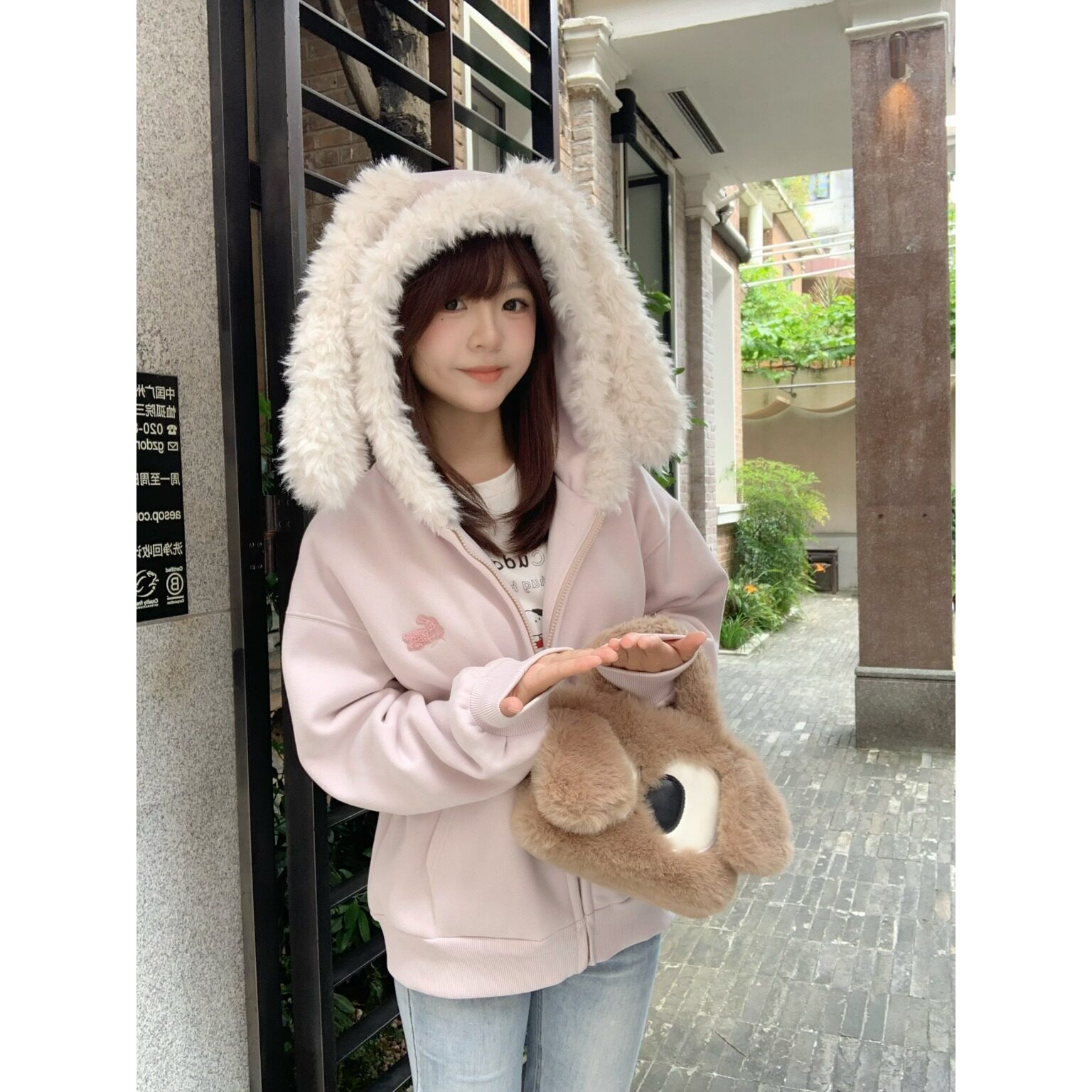 日本offcat 韩系秋冬兔耳朵毛领加厚卫衣外套