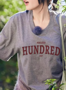 日本GP迪丽热巴同款夏季短袖复古字母灰色t恤女宽松休闲上衣服