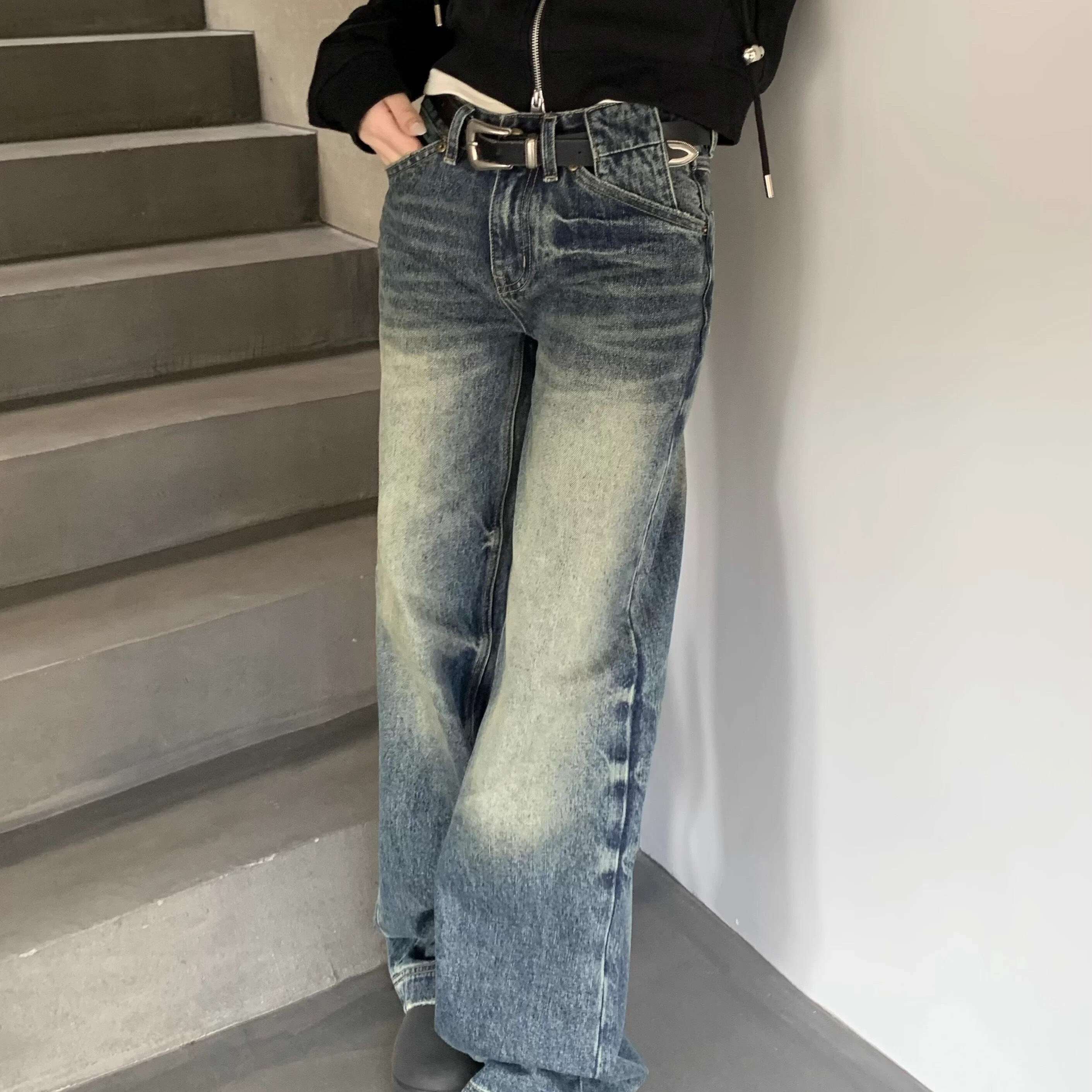日本OFFCAT韩版垂感复古蓝色牛仔裤女新款高腰宽松直筒阔腿裤子