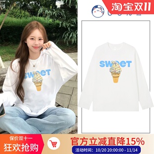 日本offcat白色长袖t恤女初秋新款小个子韩系宽松设计感小众纯棉