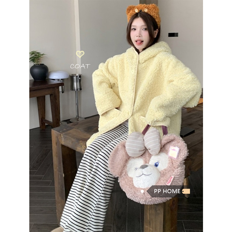 日本offcat甜美奶黄色皮毛一体羊羔毛外套女冬季韩系甜美宽松休闲