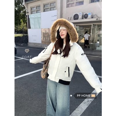 PPHOME张元英同款2025年冬季新款大毛领工装短款加厚派克服外套