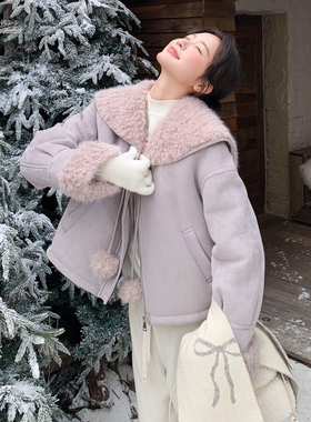 日本offcat浅紫色皮毛一体羊羔毛外套女2025冬季新款巨好看的小个