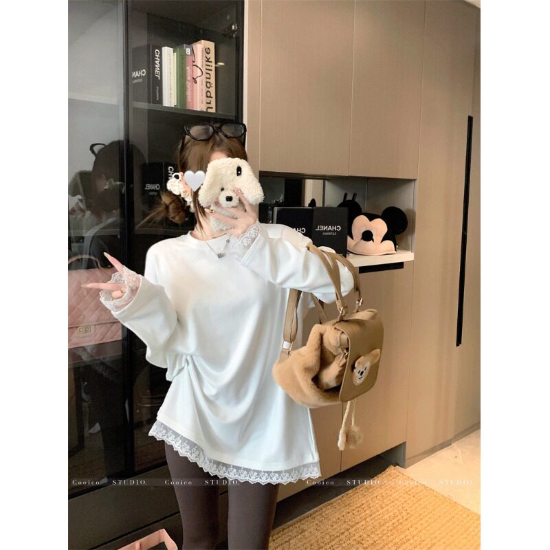 日本offcat磨毛白色长袖T恤女秋冬韩系蕾丝花边宽松内搭打底衫上