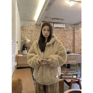 日本offcat加厚可爱毛茸茸连帽外套女冬季慵懒风宽松拉链棉服毛毛