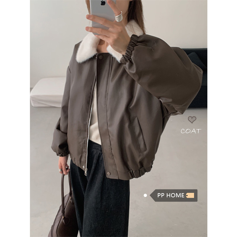 日本offcat白色毛领加绒厚外套女秋冬美式黑色宽松加厚保暖皮夹克