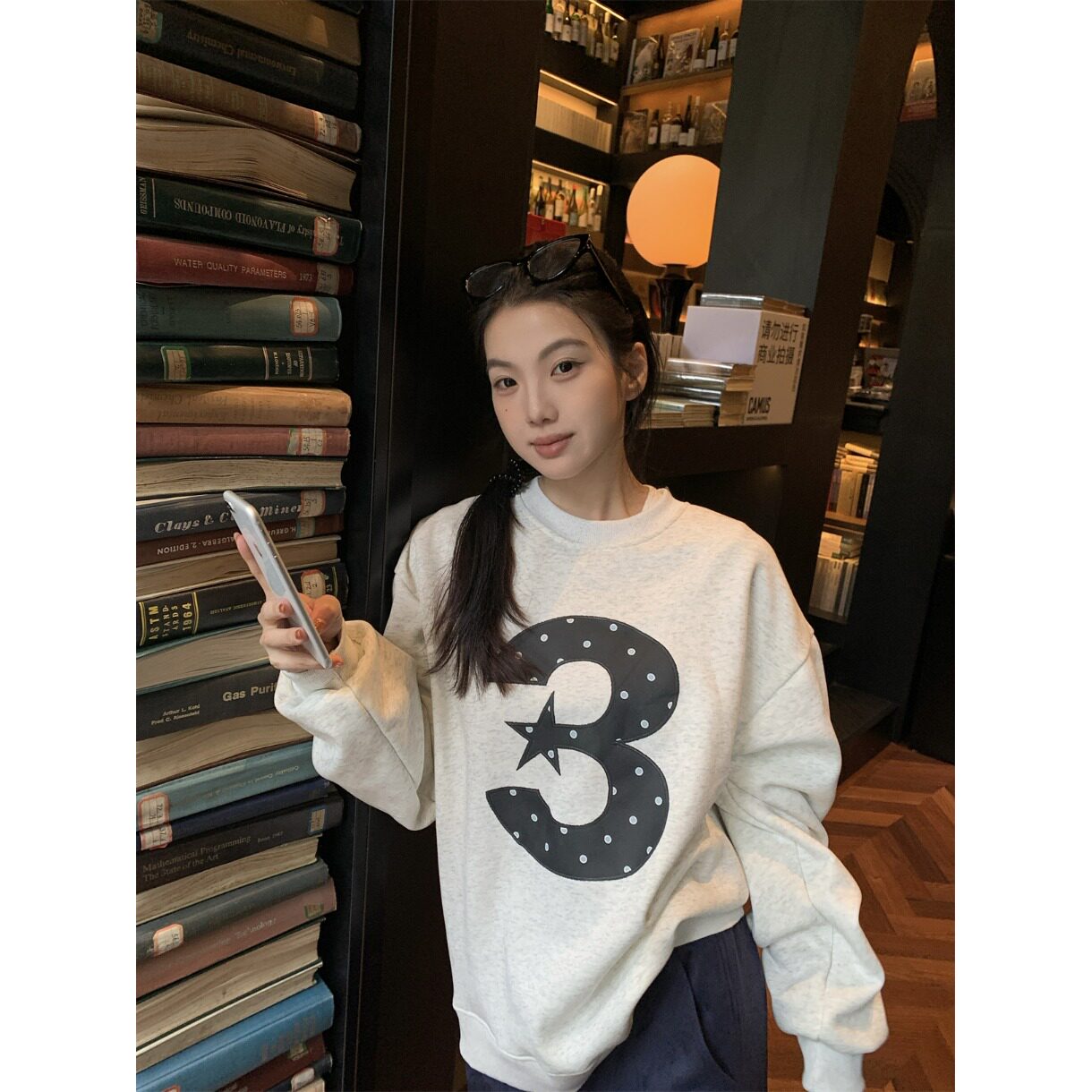 日本offcat加绒加厚波点数字印花圆领卫衣无帽女冬季美式复古宽松