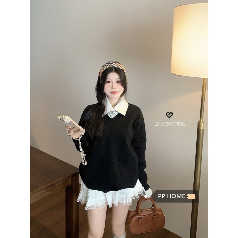 日本offcat简约v领慵懒风黑色毛衣女秋冬宽松上衣百搭条纹衬衫两