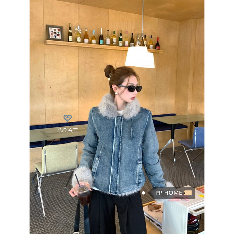 日本offcat美式复古毛毛拼接短款牛仔外套女冬季加厚保暖修身夹克