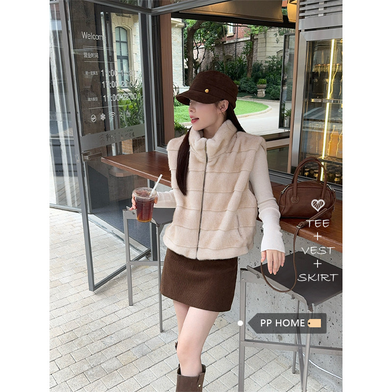 日本offcat韩版立领仿貂毛保暖马甲外套女秋冬设计感百搭坎肩无袖